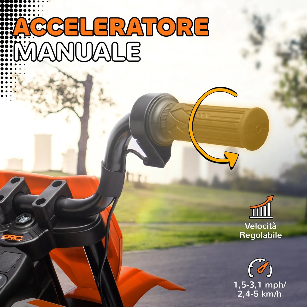 Moto Elettrica per Bambini 3-6 Anni 107x56x70 cm Batteria 12V e Rotelle Rimovibili Arancione...