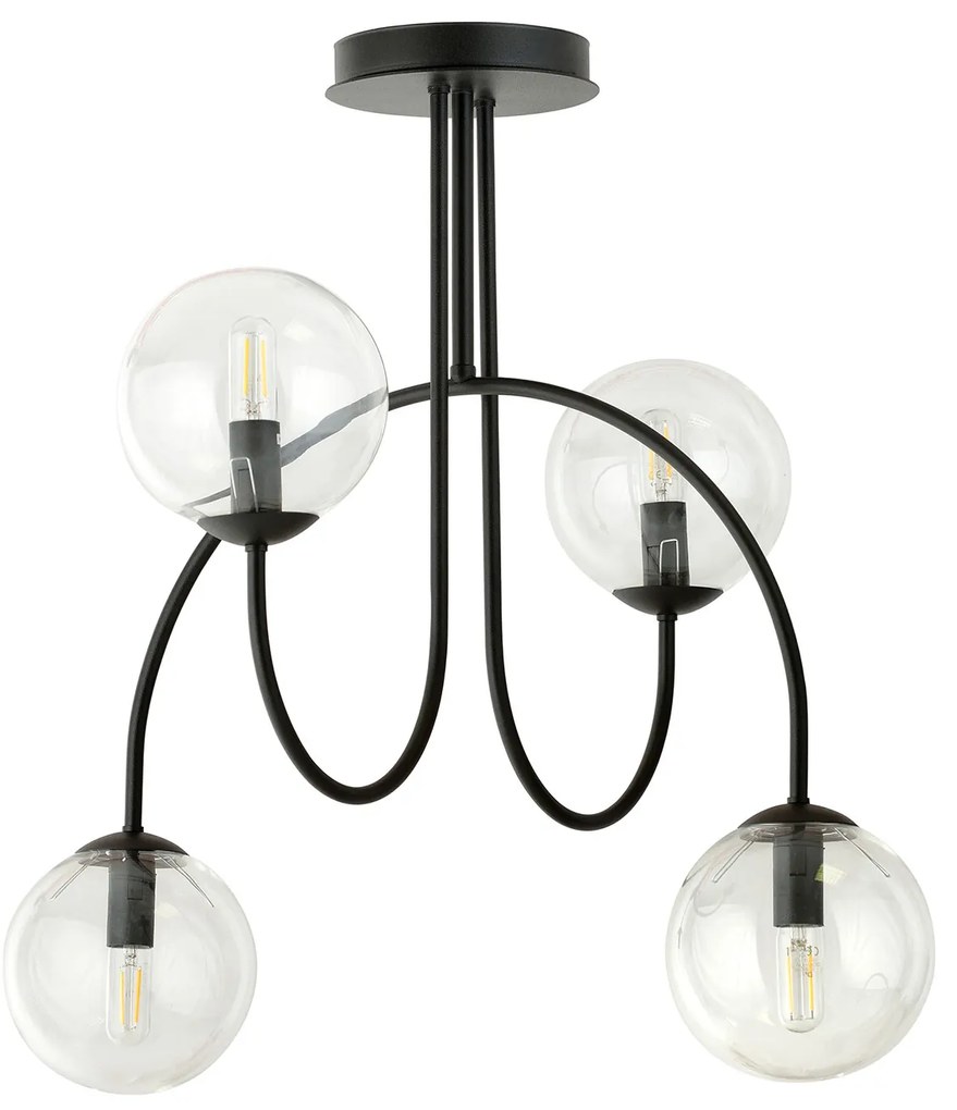 Plafoniera Moderna Utu 4 Luci In Acciaio Nero E Vetro Trasparente 50 Cm