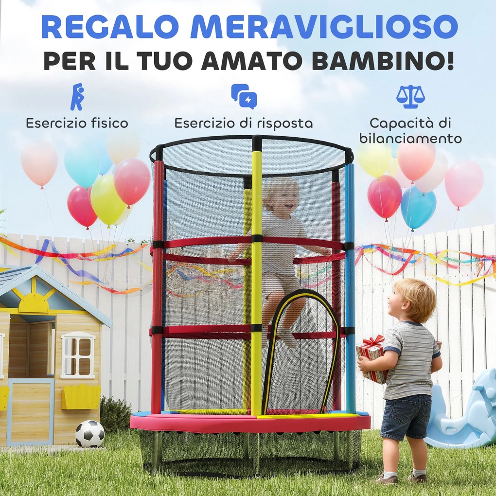 Trampolino per Bambini 3-6 Anni Ø160x190 cm con Rete di Sicurezza Senza Molle Multicolore...