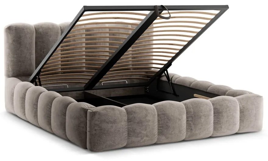 Letto matrimoniale imbottito marrone chiaro con spazio contenitivo e rete 160x200 cm Lupine - Micadoni Home