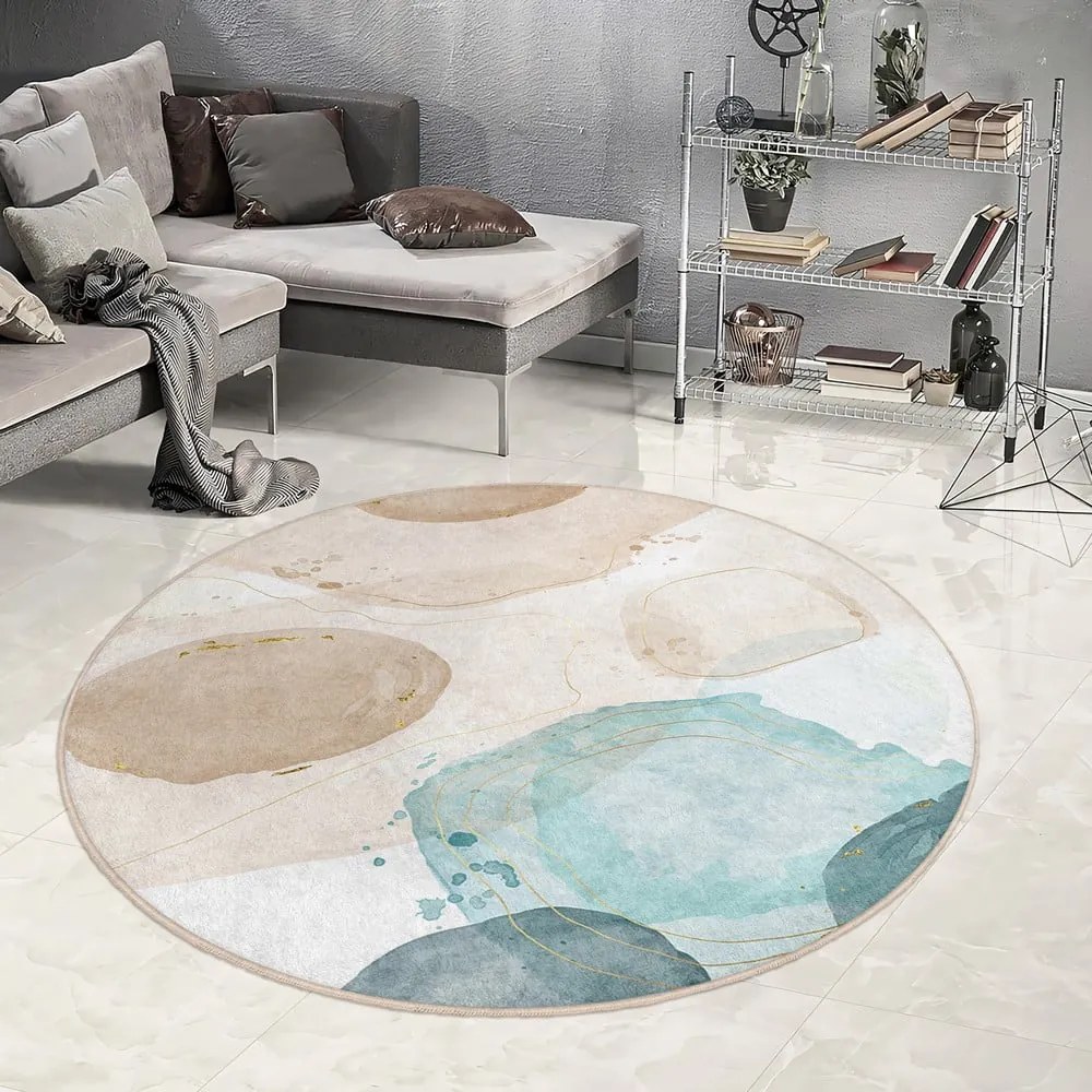 Tappeto rotondo blu/beige lavabile ø 150 cm Puddle – Mila Home