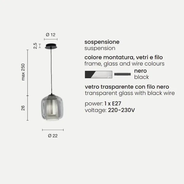 Lampada sospensione D22 cm - vetro soffiato Trasparente BONNIE MOD2