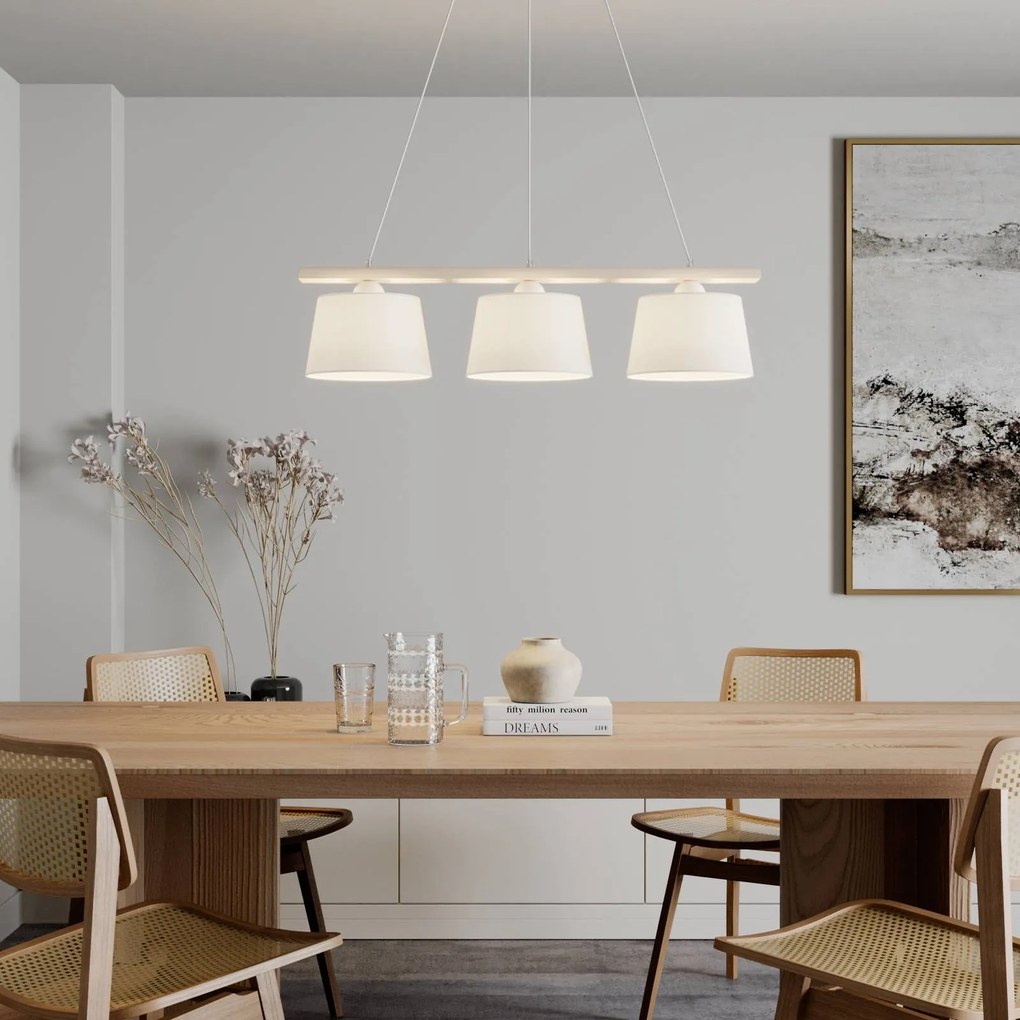 Euluna Lampada a sospensione Svezia, bianco/bianco antico, tessuto, legno, a 3 luci