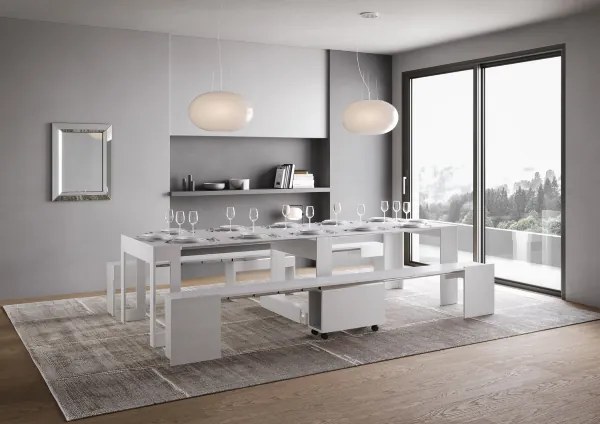 Consolle con doppia panca allungabile a 302 cm ELIA Bianco Frassino