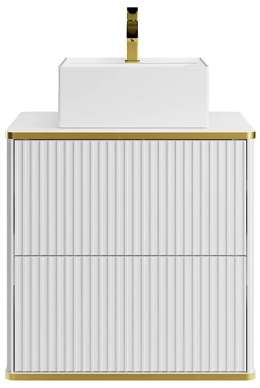 Mobile bagno sospeso con scanalature con bordo dorato e lavabo d'appoggio quadrato - Bianco - L60 cm - KELIZA