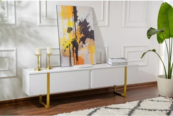 Mobile TV Da Terra 180 Cm A 2 Ante Bianco E Piedini Oro Serena