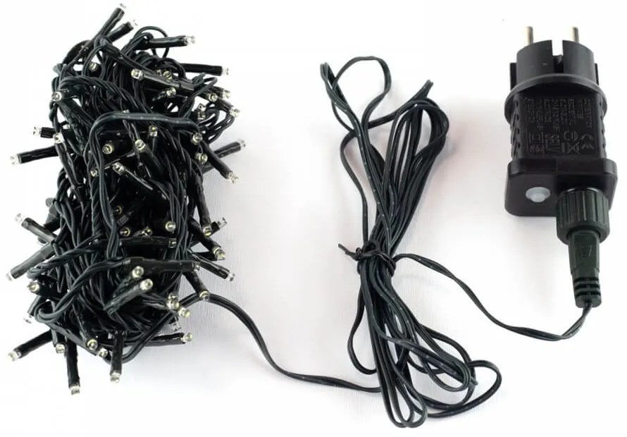 Catenaria Natalizia LED 12m IP44, 8 GIOCHI DI LUCE, Cavo VERDE Colore Bianco Freddo 7500 - 8500 °K