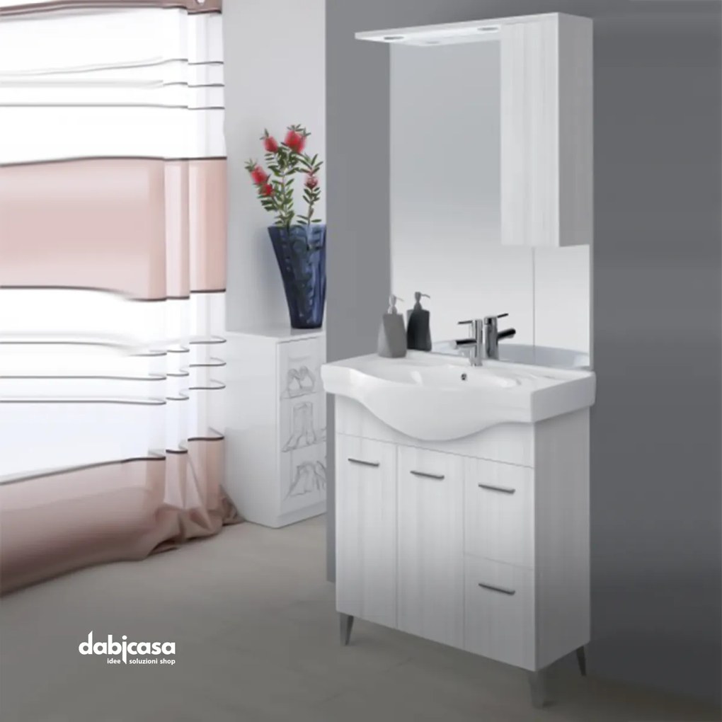 Mobile Bagno A Terra "Stella" Da 85 Cm Composto Da Due Ante E Due Cassetti Lavabo E Specchio Finitura Grigio