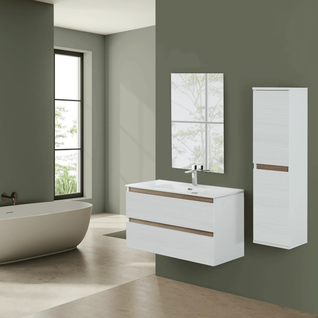 Mobile Bagno Sospeso 80 Cm Due Cassetti Specchio a Filo 80x60 Cm Feridras "Revital" Bianco Frassinato/Rovere