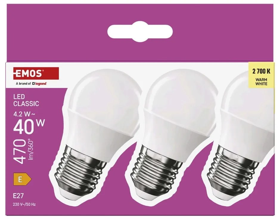 Lampadine LED bianco caldo in set di 3 pezzi E27, 4 W - EMOS
