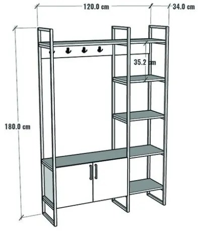 Mobile Ingresso Industrial 120x34x180 Con Scarpiera Appendiabiti E Ripiani Yago Rovere E Bianco