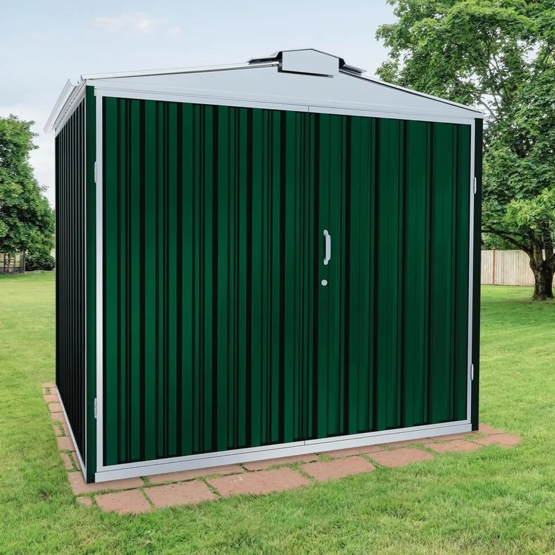 Casetta da giardino in acciaio verde 2.7 x 3.6 m, superficie esterna 9.89 m² e spessore parete 60 mm, senza pavimento porta a due ante, SAPIL Atlanta