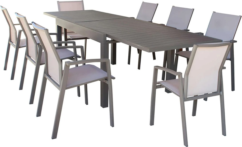 JERRI - set tavolo in alluminio cm 135/270 x 90 x 75 h con 8 poltrone Lotus