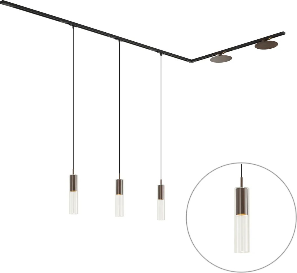 Sistema di illuminazione a binario moderno nero con 3 luci a sospensione e 2 plafoniere bronzo monofase - Iconic Lloyd Pulley