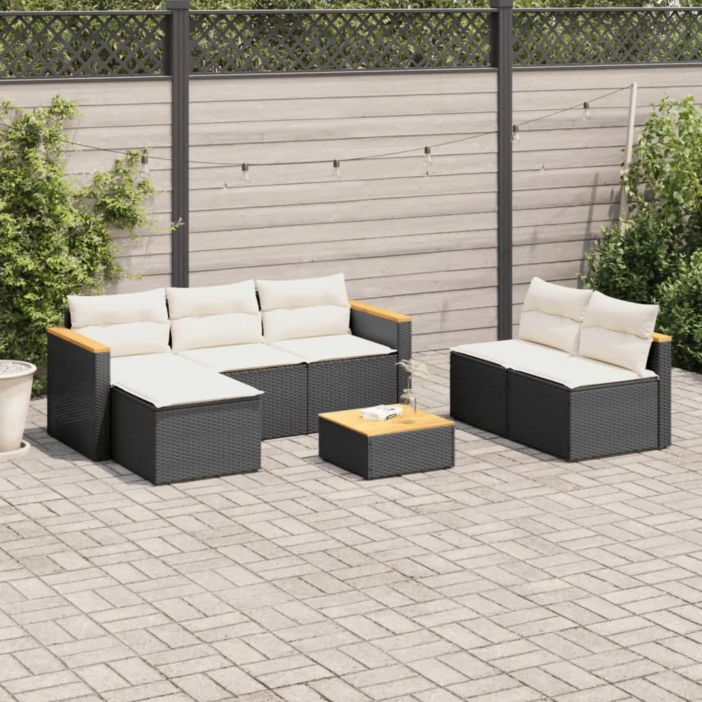 Set divani da giardino 5 pz con cuscini nero polyrattan acacia