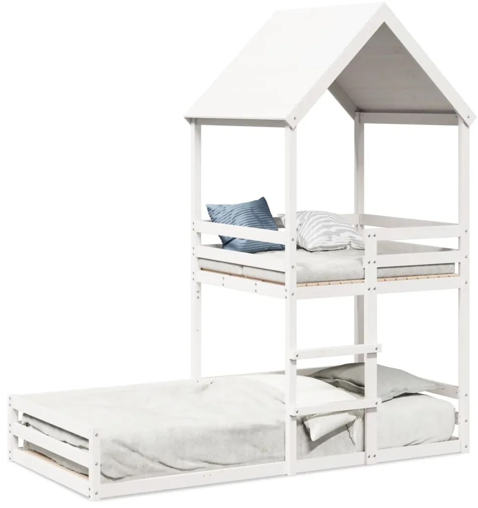 Letto A Castello Con Tetto Bianco 90x200 Cm İn Legno Di Pino /