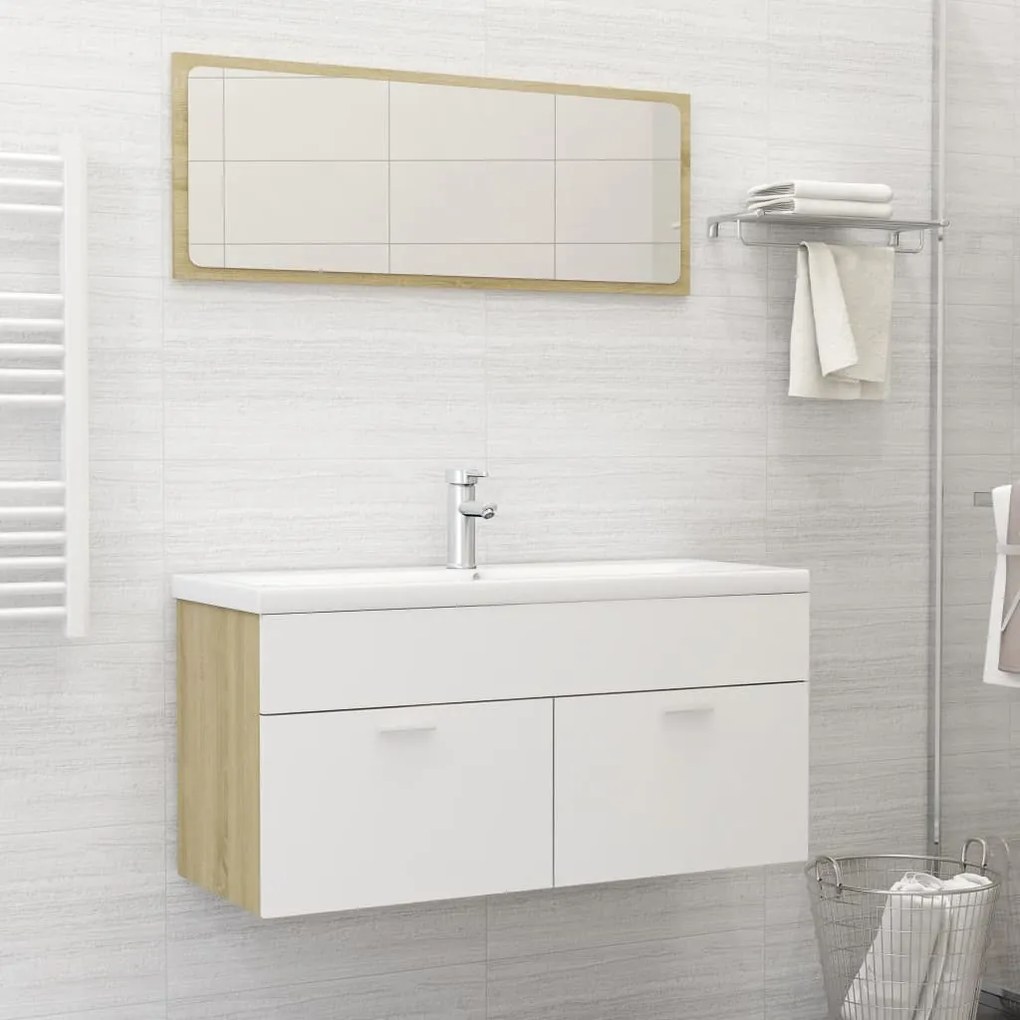 Set Mobili Da Bagno Bianco E Rovere Sonoma İn Legno Multistrato /