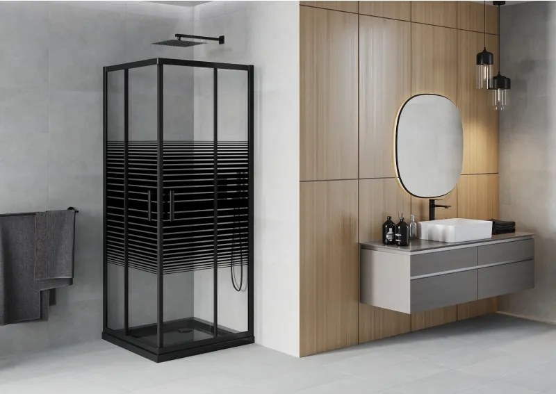 Mexen Rio cabina doccia quadrata 70 x 70 cm, strisce nere, nera + piatto doccia Flat, nero - 860-070-070-70-20-4070B