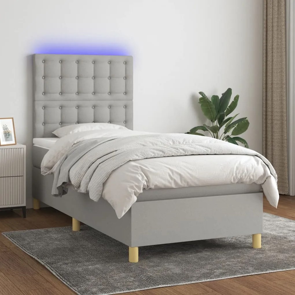 Letto a molle materasso e led grigio chiaro 100x200 cm tessuto