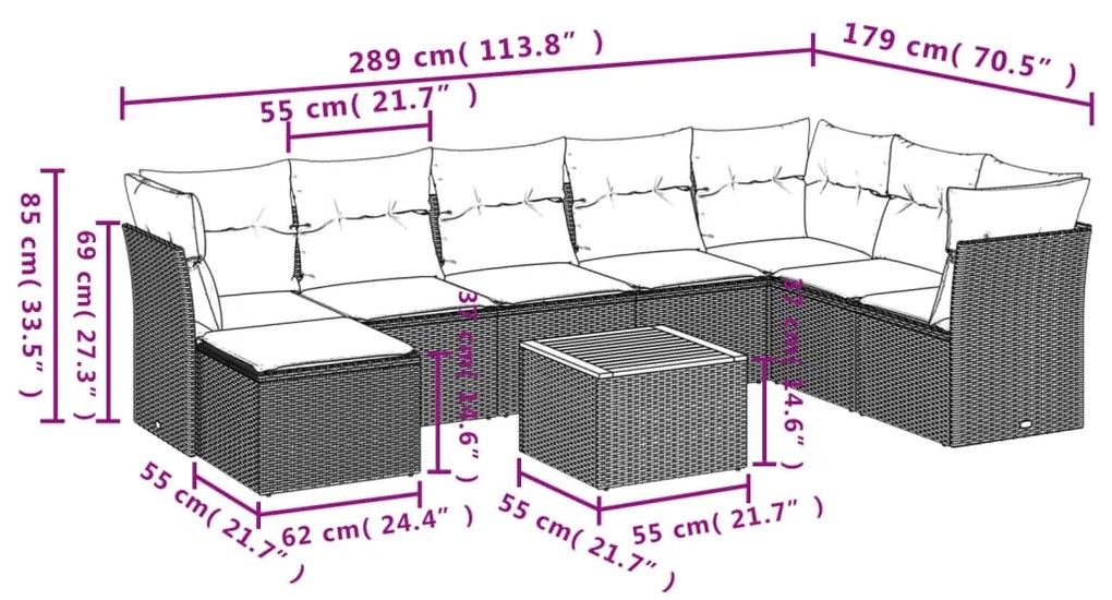 Set Divano da Giardino 9 pz con Cuscini Grigio in Polyrattan