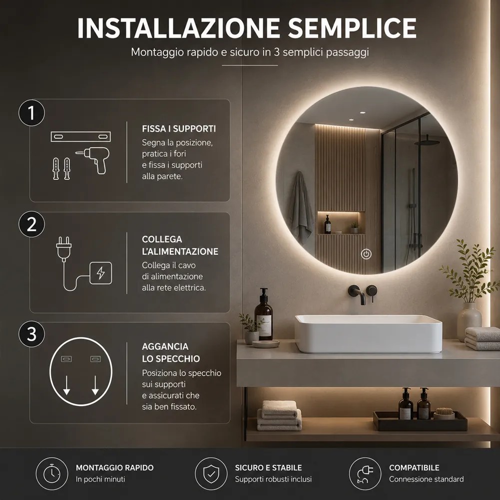 Specchio Rotondo Ø60 cm LED a 3 Colori Retroilluminato Accensione Touch...