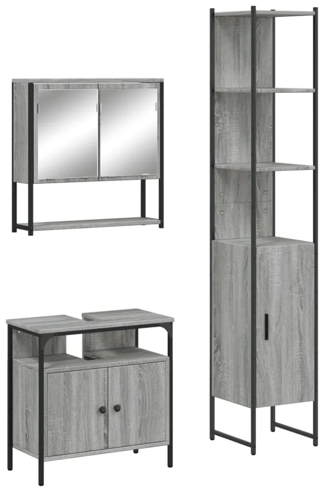 Set mobili da bagno 3 pz grigio sonoma in legno multistrato