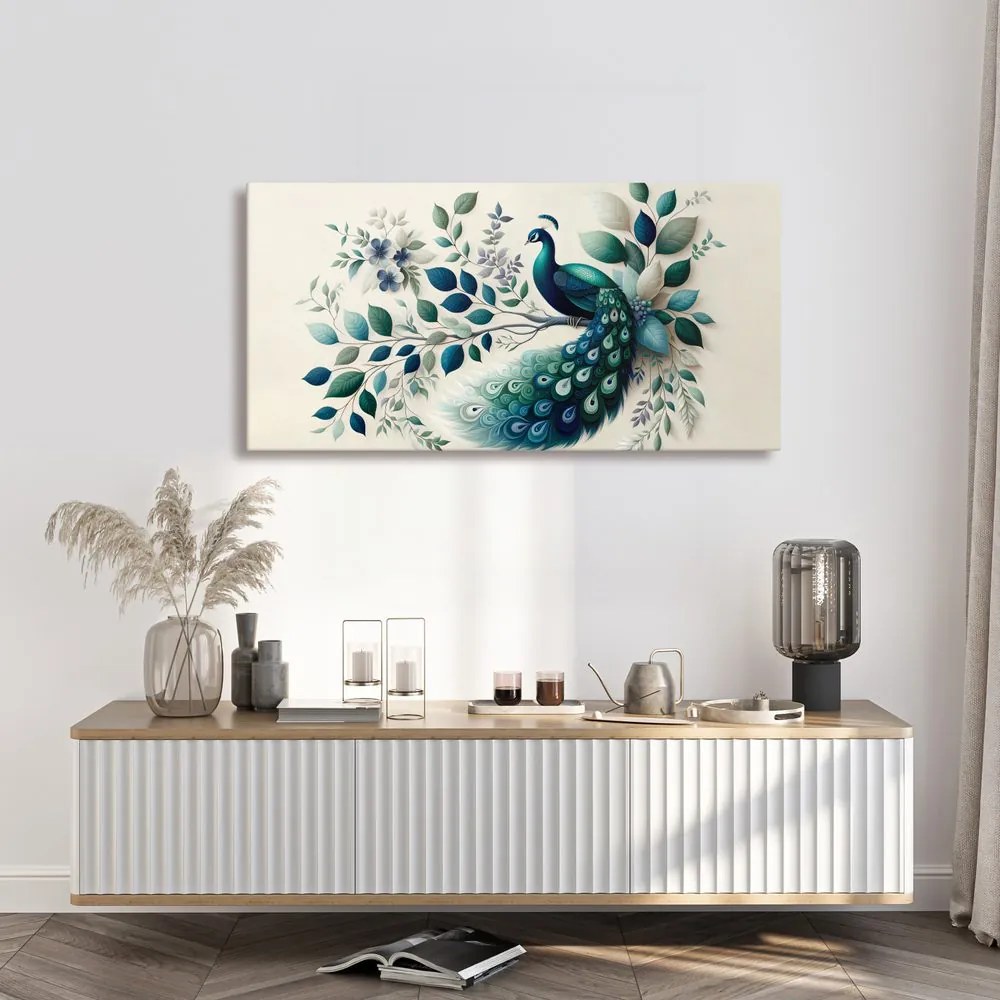 Quadro su tela – Pavone blu in composizione floreale