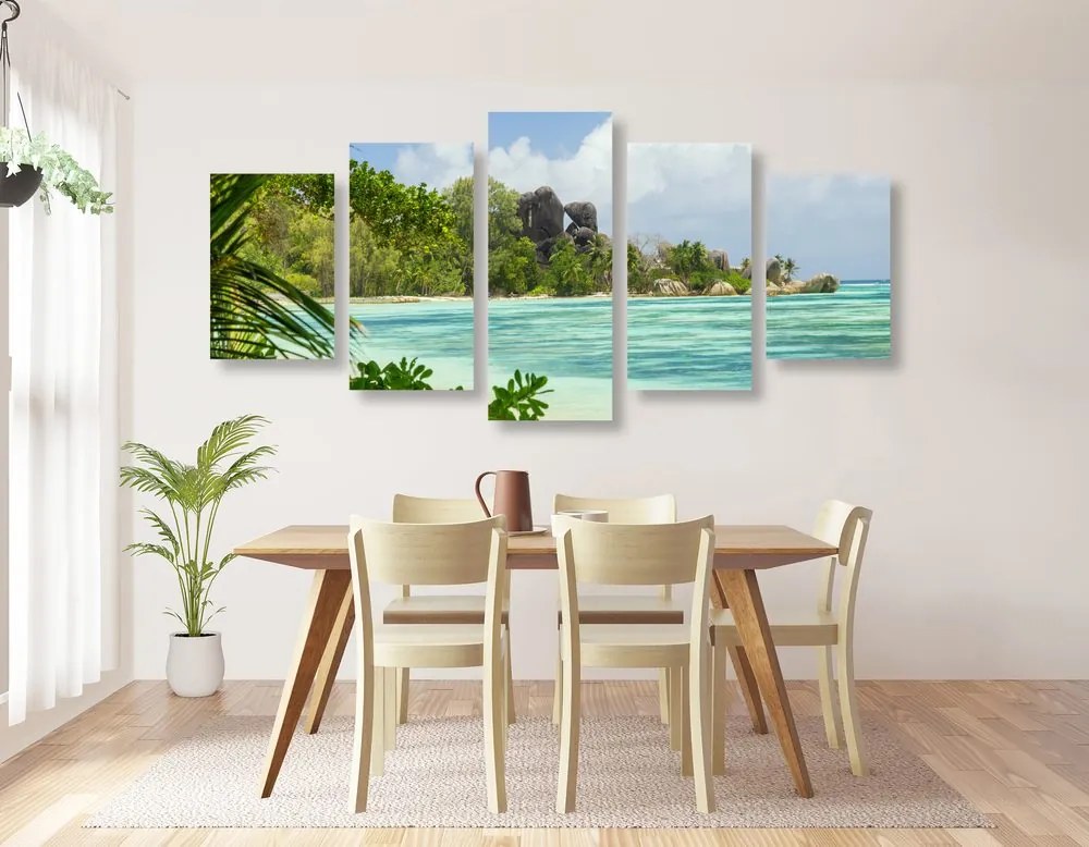 Quadri 5 pezzi – Spiaggia meravigliosa sull'isola di La Digue