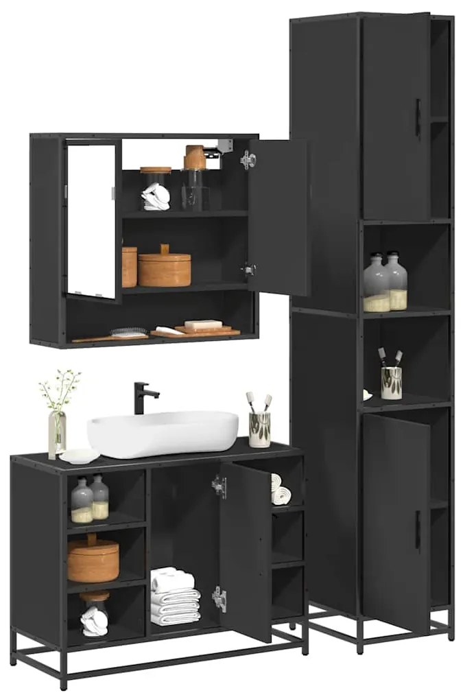 Set Mobili Da Bagno 3 Pz Nero İn Legno Multistrato /