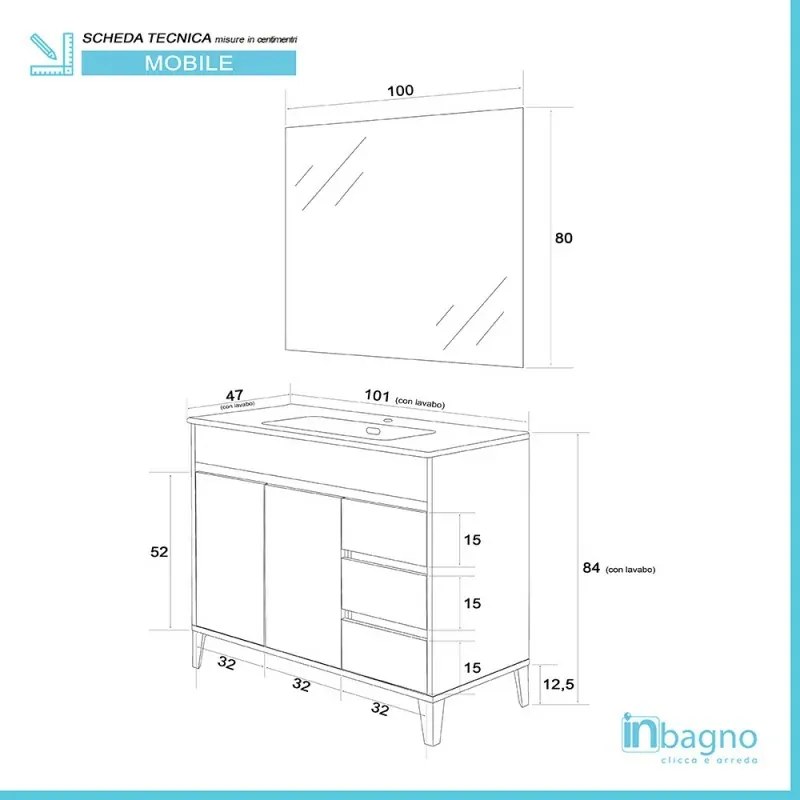 Mobile bagno da terra 100 cm linea Way bianco lucido con specchio e lavabo