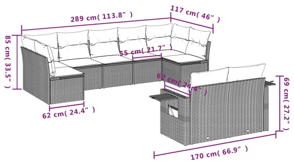 Set divano da giardino 9pz con cuscini grigio chiaro polyrattan