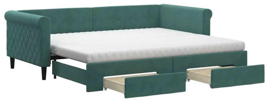 Divano letto estraibile cassetti verde scuro 90x200cm velluto