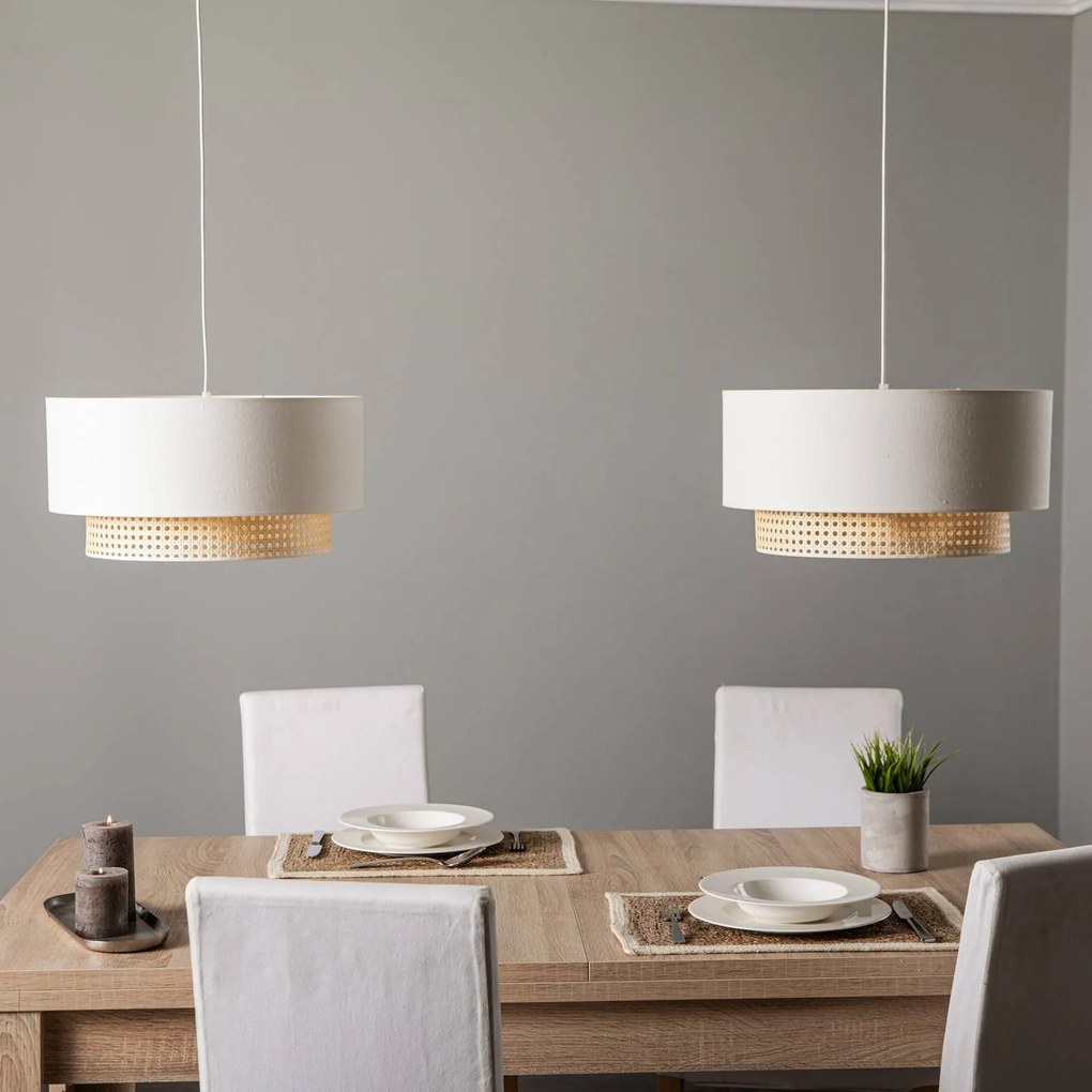 Duolla Lampada a sospensione Boho, a 2 luci, tessuto, bianco crema/rattan