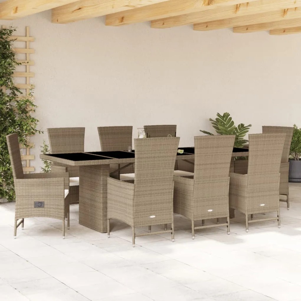 Set da pranzo da giardino 9 pz con cuscini beige in polyrattan