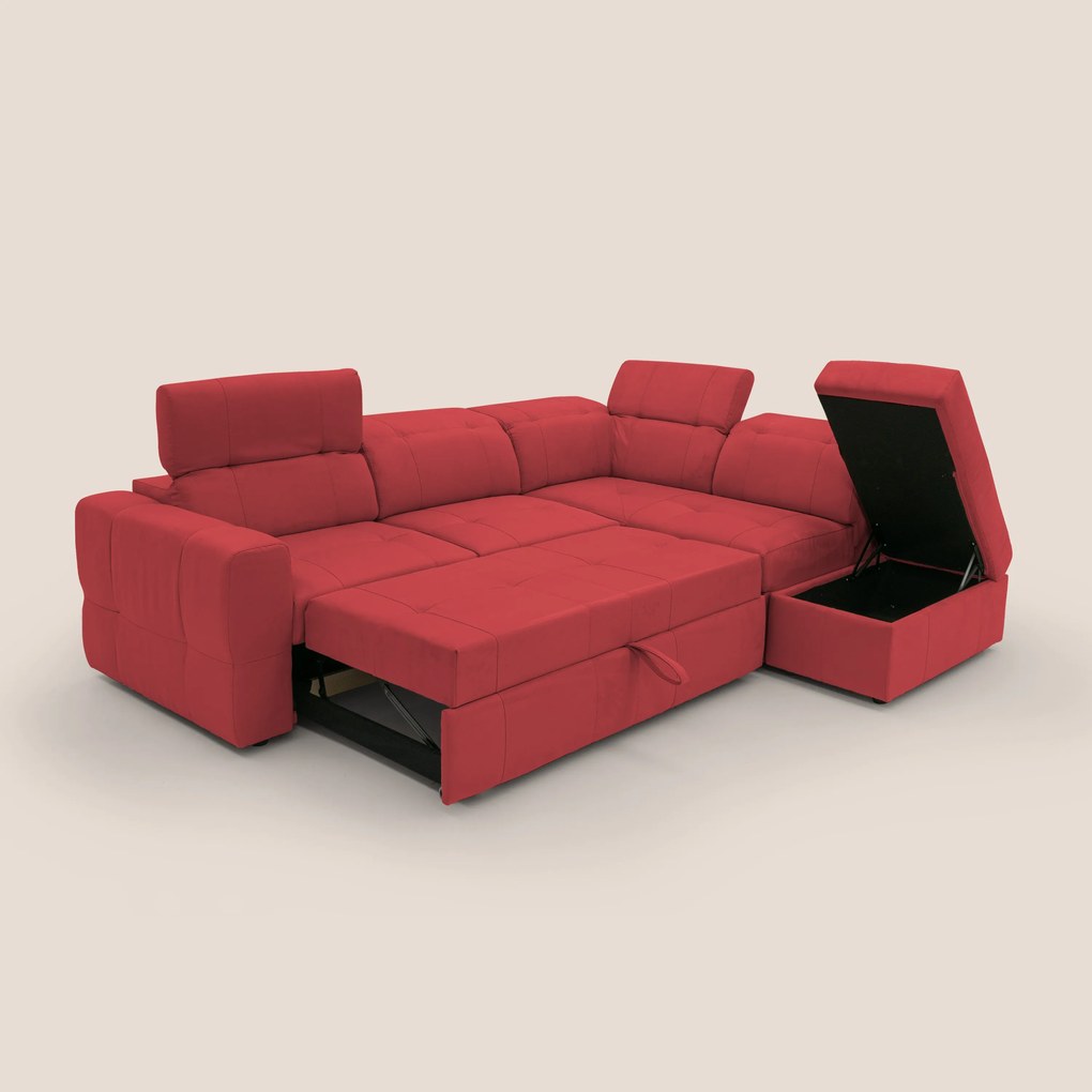 Kronos Divano angolare con poggiapiedi estraibile e pouf contenitore mobile in microfibra impermeabile T11 rosso