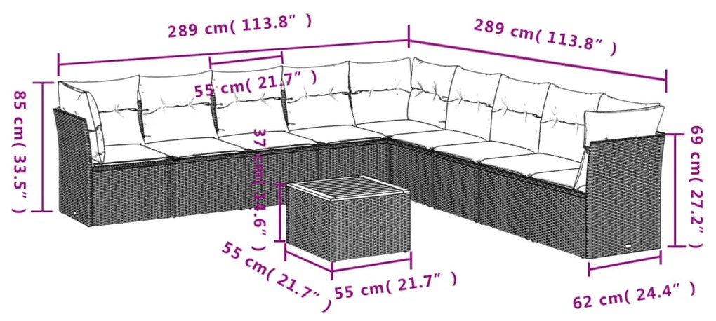 Set Divano da Giardino 10 pz con Cuscini Grigio in Polyrattan