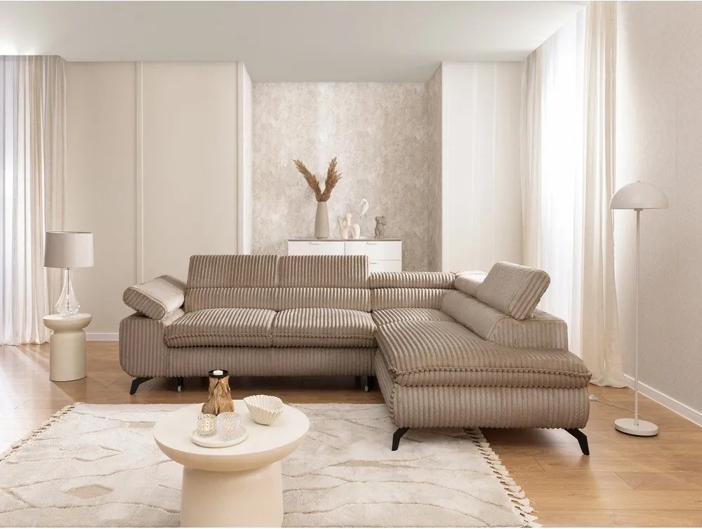 Divano angolare marrone (con penisola a destra/a L) con rivestimento in velluto a coste Marbeya – Ropez