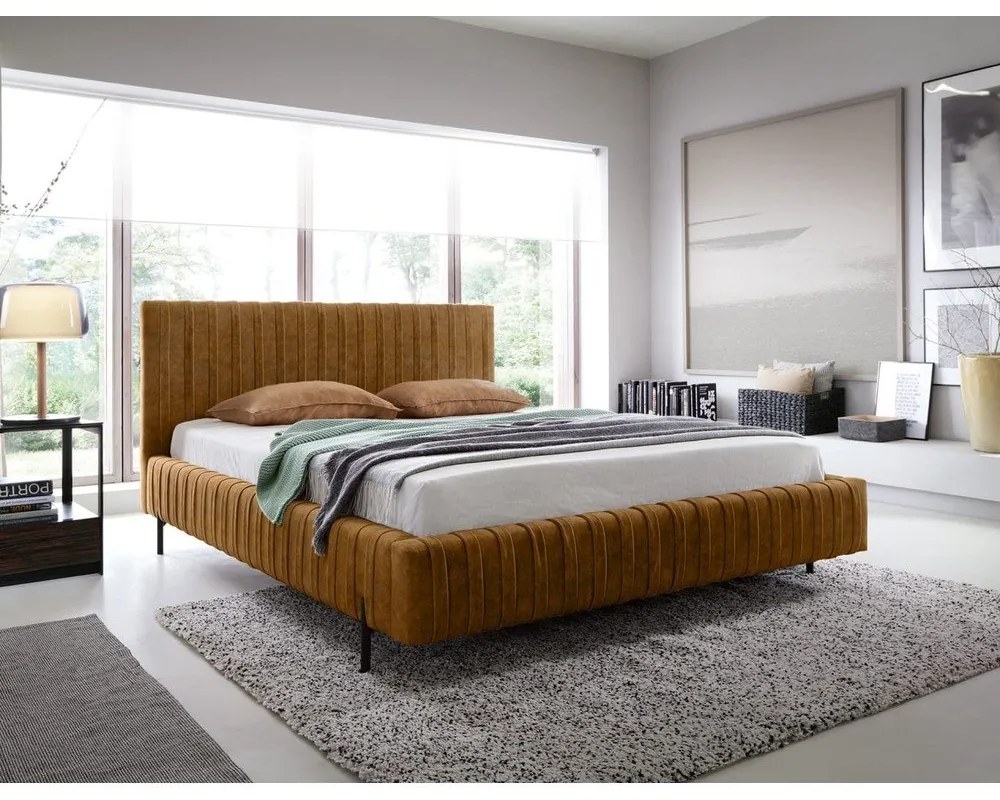 Letto matrimoniale imbottito giallo ocra con contenitore e rete inclusi 140x200 cm Plissa – ELTAP