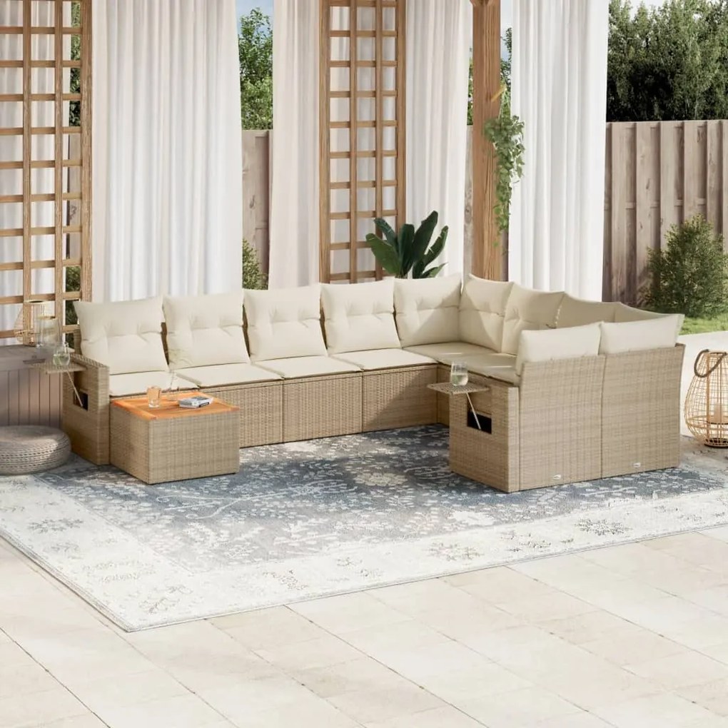 Set divano da giardino 10 pz con cuscini beige in polyrattan