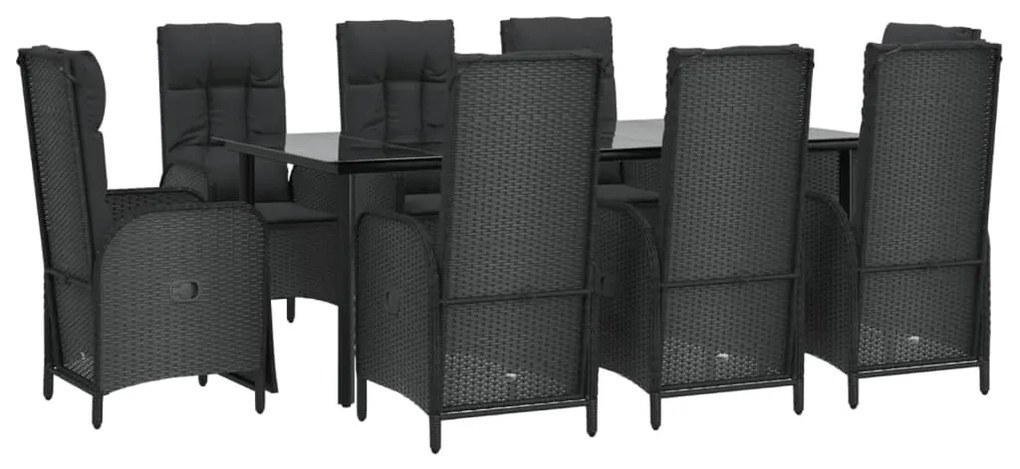 Set da pranzo da giardino 9 pz con cuscini nero in polyrattan