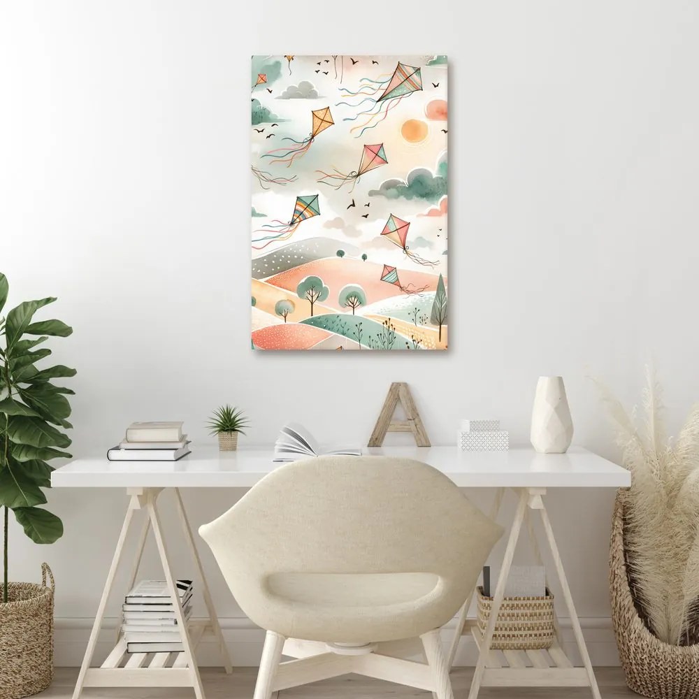 Quadro su tela – Paesaggio pastello con aquiloni nel cielo