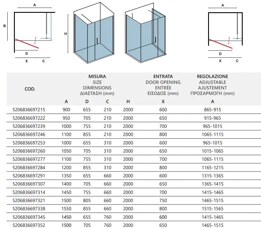 Box Doccia H200 Anta Battente Cristallo 6mm