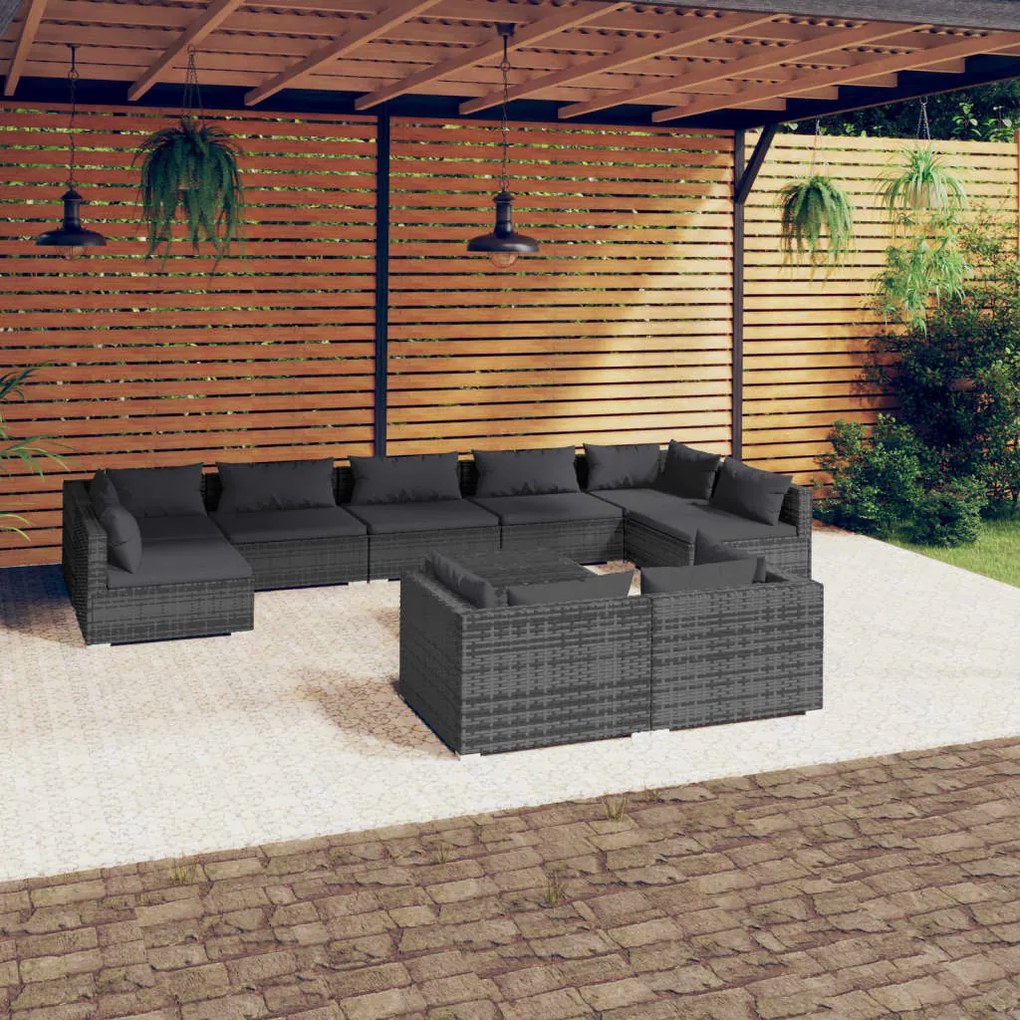 Set Divani da Giardino 10 pz con Cuscini in Polyrattan Grigio