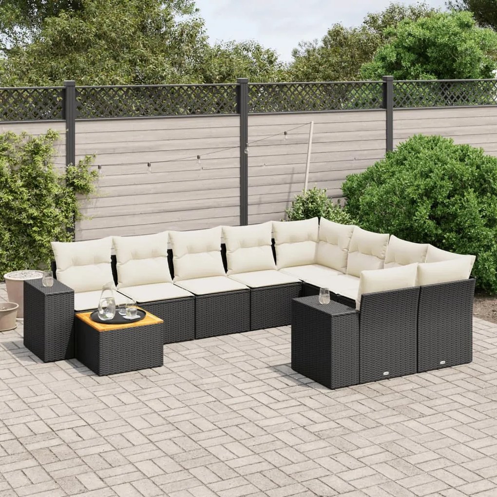 Set divani da giardino 10pz con cuscini in polyrattan nero