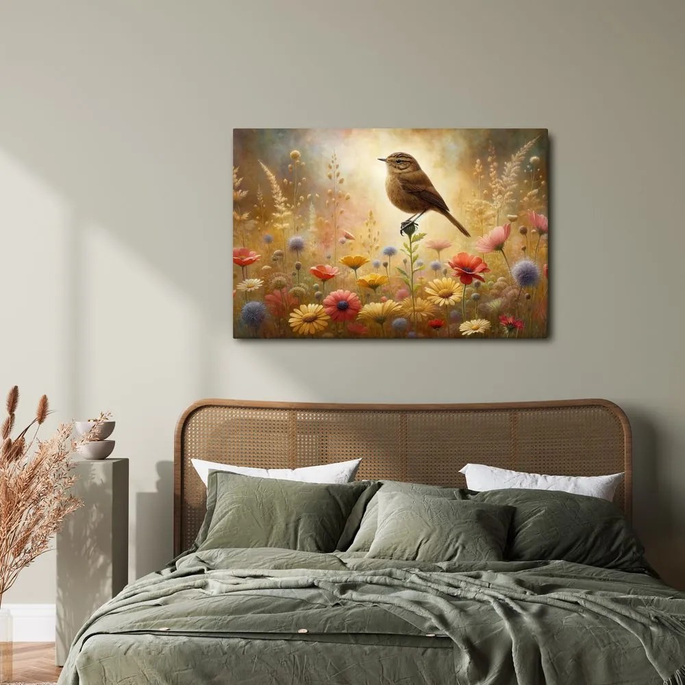 Quadro su tela – Prato estivo con uccellino