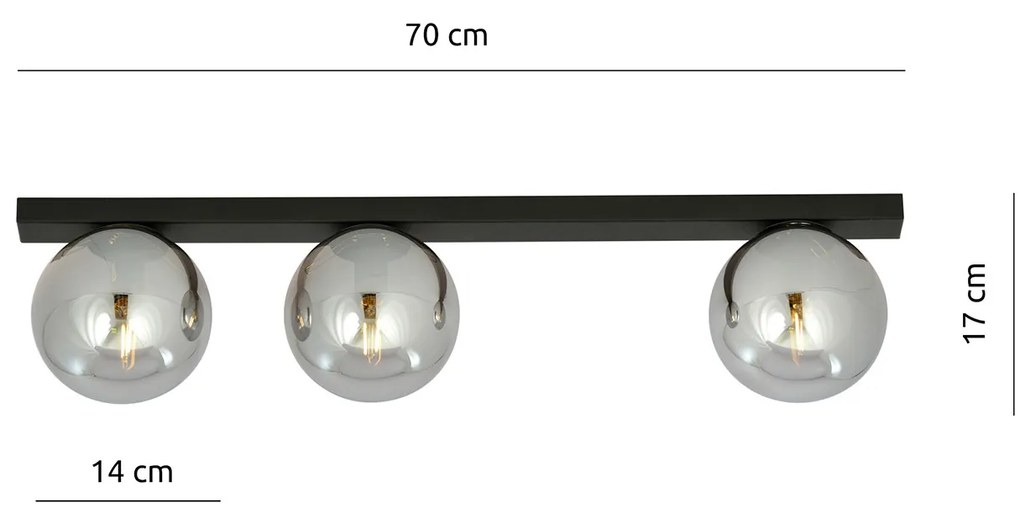 Plafoniera Moderna 3 Luci Giapeto Barra In Acciaio Nero E Sfere Di Vetro Fumè
