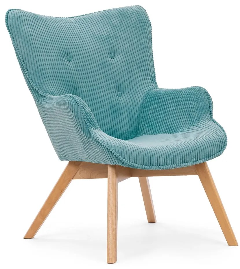 Poltrona con poggiapiedi turchese con rivestimento in velluto a coste Niko – Ropez