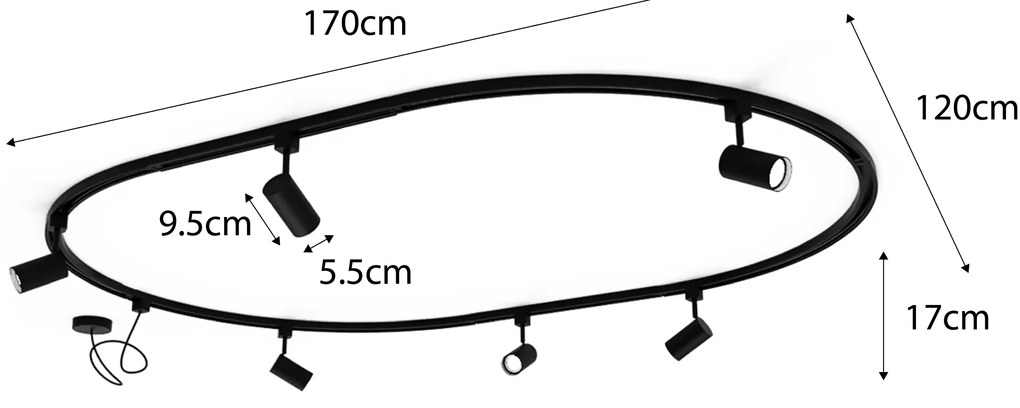 Sistema di illuminazione a binario moderno con 6 faretti bianchi monofase ovale 100 cm - Iconic Jeana