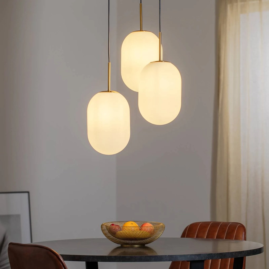 Eko-Light Lampada a sospensione Alias, metallo dorato vetro opalino, a 3 luci rotonda