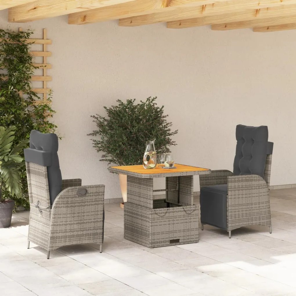 Set Da Pranzo Da Giardino 3 Pz Con Cuscini İn Polyrattan Grigio /